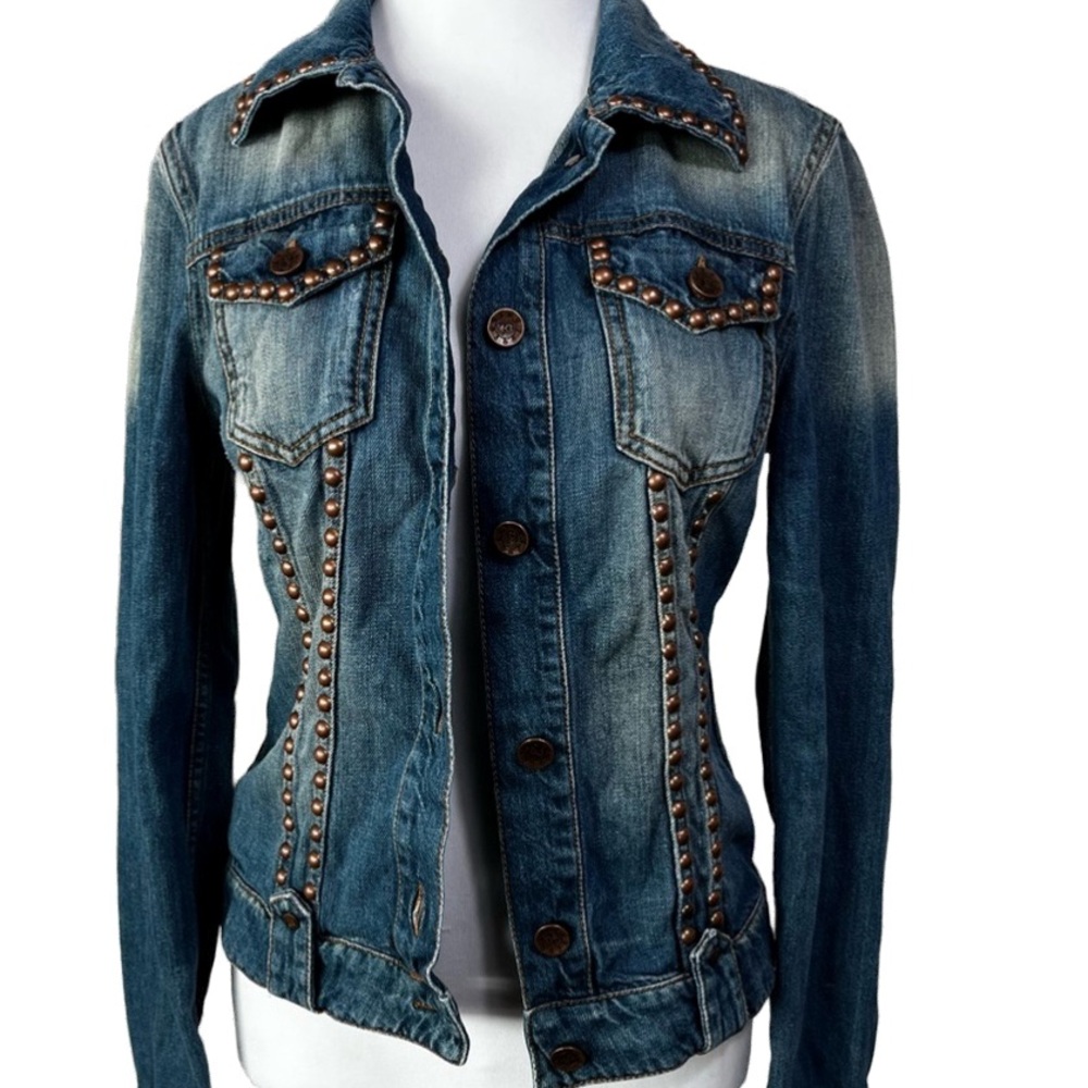 Luxury Copper Studded Premium Denim Jacket Sz 6 Italian Boho Chic Luxe Designer